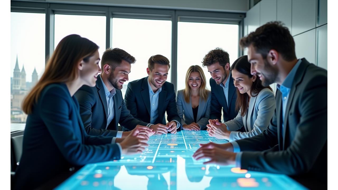 Équipe de Lux Mundi AI travaillant ensemble, symbolisant l'IA humaine et l'innovation.