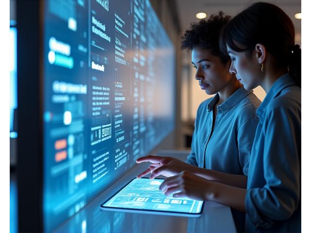 Représentation d'une équipe collaborant sur une interface d'IA.