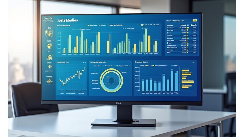 Tableau de bord interactif d'analyse prédictive pour la finance, montrant des graphiques de détection de fraude et de prédiction de défaut.