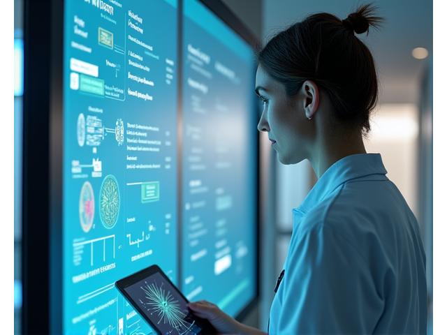 Médecin utilisant une tablette avec un assistant IA affichant des graphes et des suggestions de diagnostic.