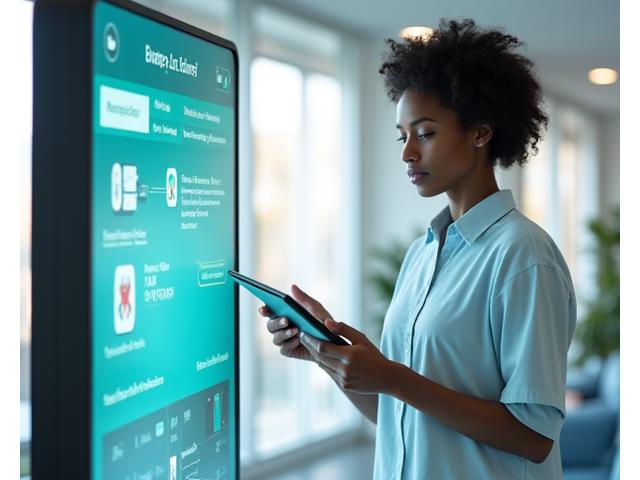 Patient interagissant avec une borne ou une application mobile d'assistant IA.