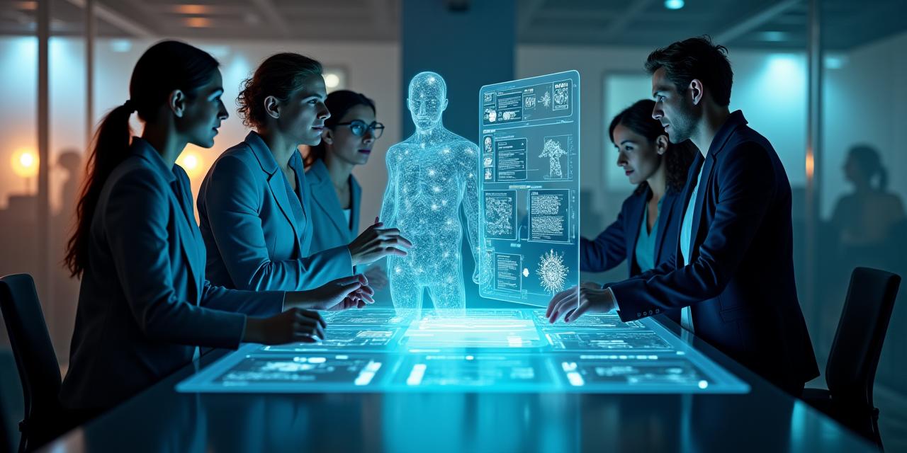 Professionnels travaillant ensemble avec une interface IA holographique, symbolisant la collaboration et l'innovation