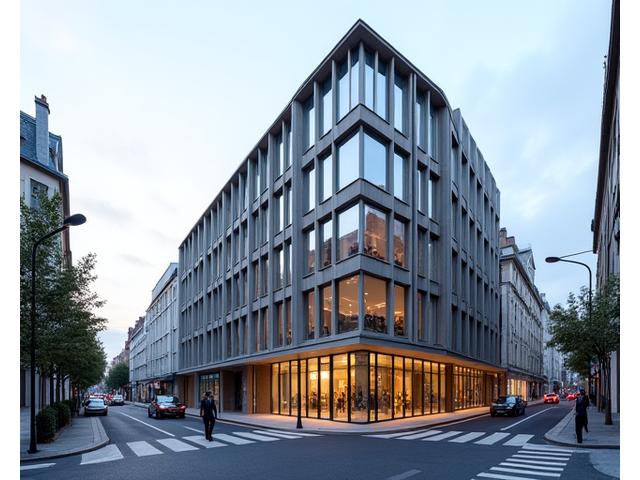 Vue extérieure du bâtiment des bureaux de Lux Mundi AI, dans un quartier moderne de Lyon.