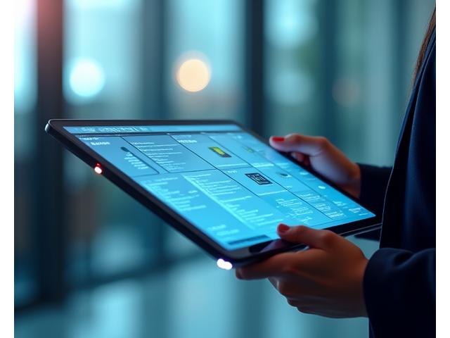 Interface d'assistant IA interactive avec cartes d'outils s'animant sur un écran futuriste.