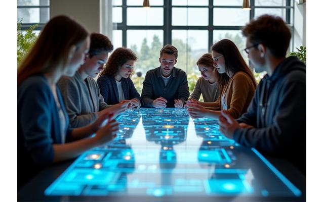 Étudiants interagissant avec un assistant IA éducatif.