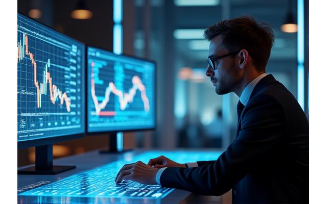 Professionnels de la finance utilisant un assistant IA pour des prévisions complexes.