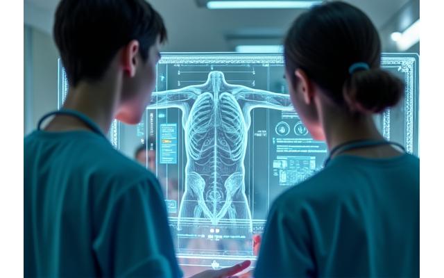 Professionnels de la santé analysant des données patients avec le support d'une IA.