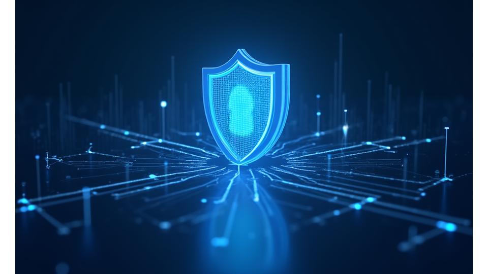 Icônes de sécurité et de conformité (RGPD, ISO 27001, HDS) avec un bouclier numérique abstrait.